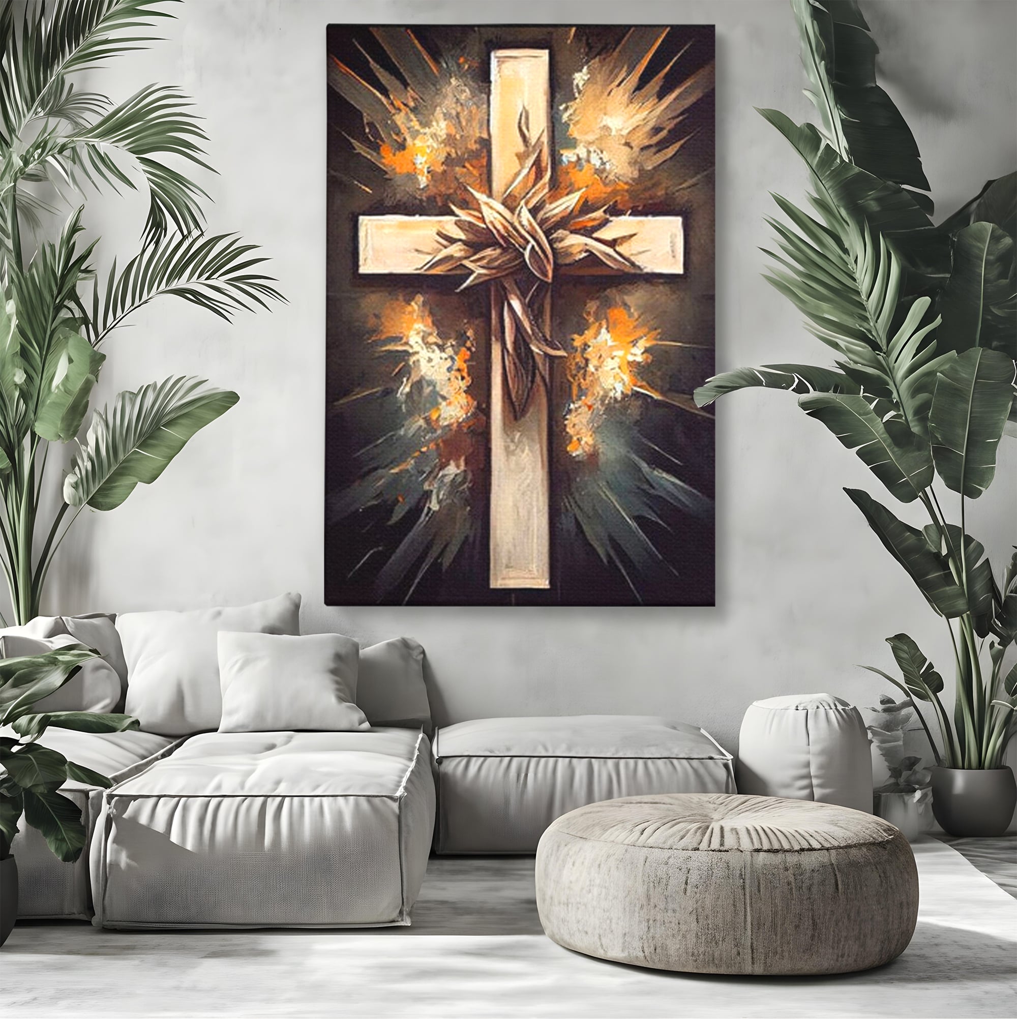 Tablou canvas cu tablou canvas cu o cruce si coroana de spini, fara rama, pe sasiu de lemn, pe perete intr-un living